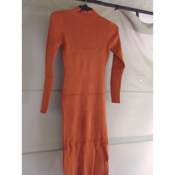 Long Sleeve Mock Neck Slim Fit Ribbed Bodycon Knit Slit Cocktail - Picture 2 of 4